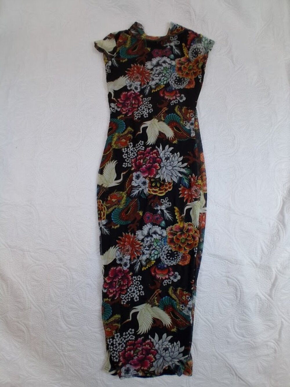 NWOT Fashion Nova Black Floral Mesh Bodycon Midi Dress Size M